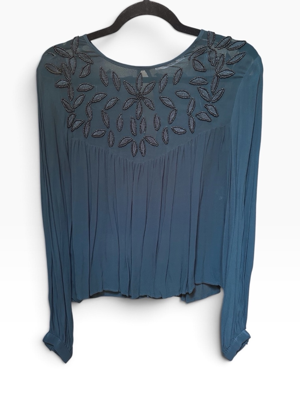 MANGO Emerald Green Embroidered Beaded Long Sleeve Blouse Size L - Picture 2 of 7